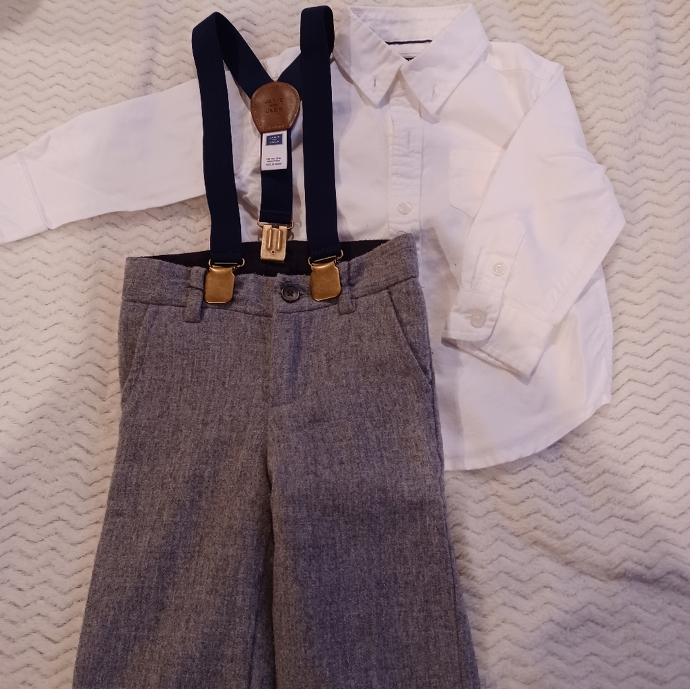 Janie and Jack Grey Suspenders Set W/Newsboy Cap
